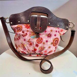D&G Dolce & Gabbana Italy Boho Pink Floral Cotton & Brown Leather Satchel Bag